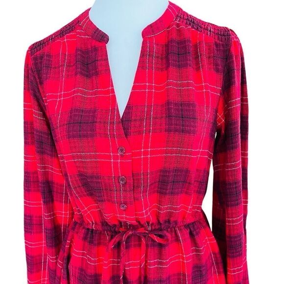 Knox Rose Long Sleeve Split Neck Plaid A Line Belted Dress in Red Plaid Size XS - Picture 3 of 8